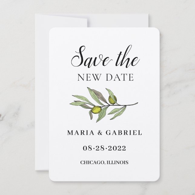 Save The Date Simple Branche d'Olive. Changement de Mariage rust (Devant)