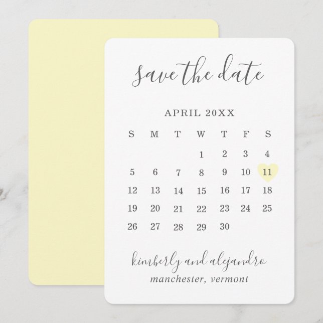 Save The Date Simple Calendrier de Coeur Jaune Pastel Mariage (Devant / Derrière)