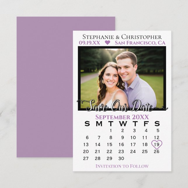 Save The Date Simple Calendrier & Photo Mariage Lavande & Blanc (Devant / Derrière)