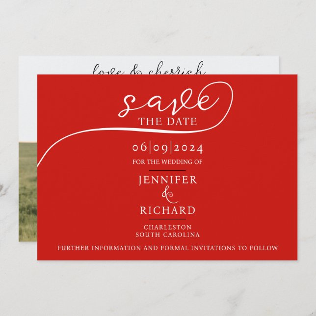 Save The Date Simple Chic Cerisier Rouge Mariage Calligraphie Ph (Devant / Derrière)