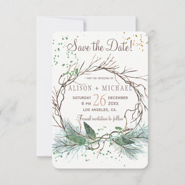 Save The Date Simple chic rustique couronne d'hiver enregistrer  (Devant)