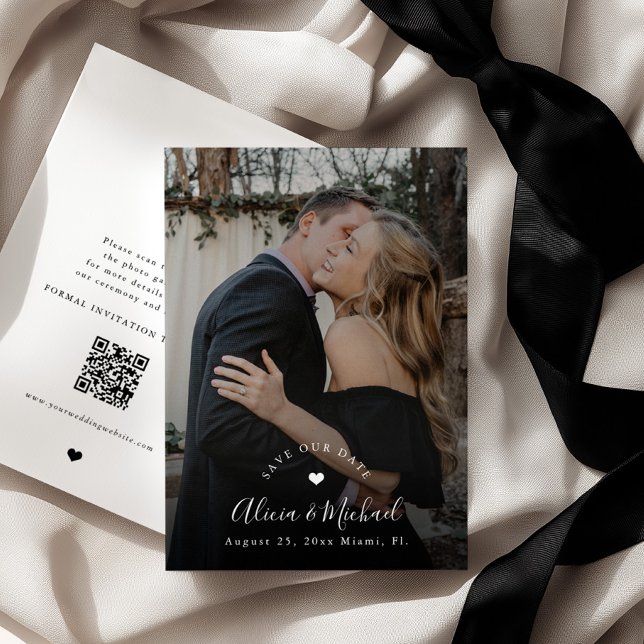 Save The Date Simple code QR élégant photo mariage noir (Créateur téléchargé)