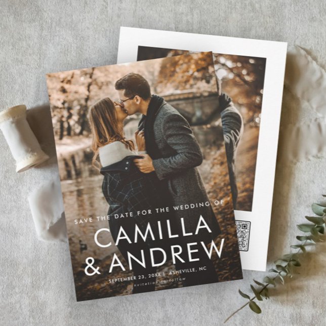 Save The Date Simple code QR typographique 2 Photo Mariage  (Simple typographic 2 photo wedding save the date with QR code on the back.)