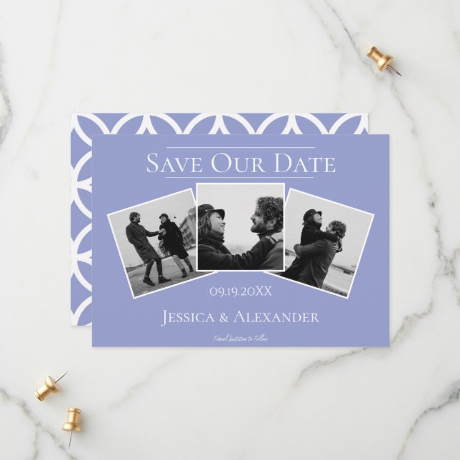 Save The Date Simple Collage de 3 Photos | Épinglez la Date de M (Devant/Arrière en situation)