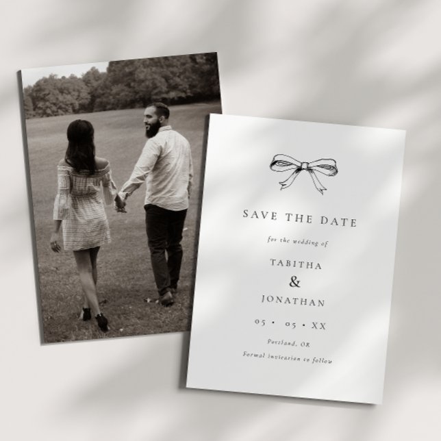 Save The Date Simple Coquette Bow Black & White Photo Mariage (Créateur téléchargé)