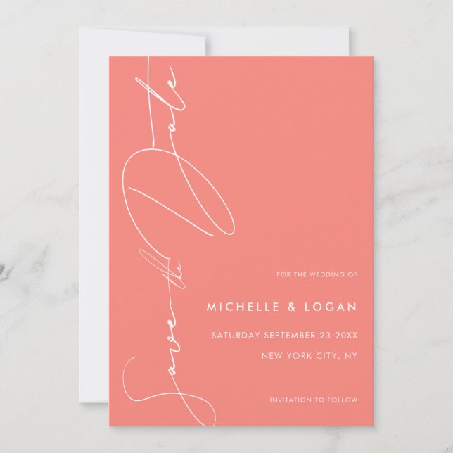 Save The Date Simple Corail rose moderne Script manuscrit (Devant)