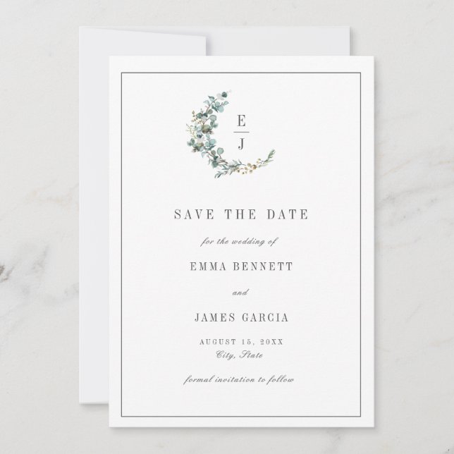 Save The Date Simple Couronne De Monogramme De Mariage Eucalyptu (Devant)