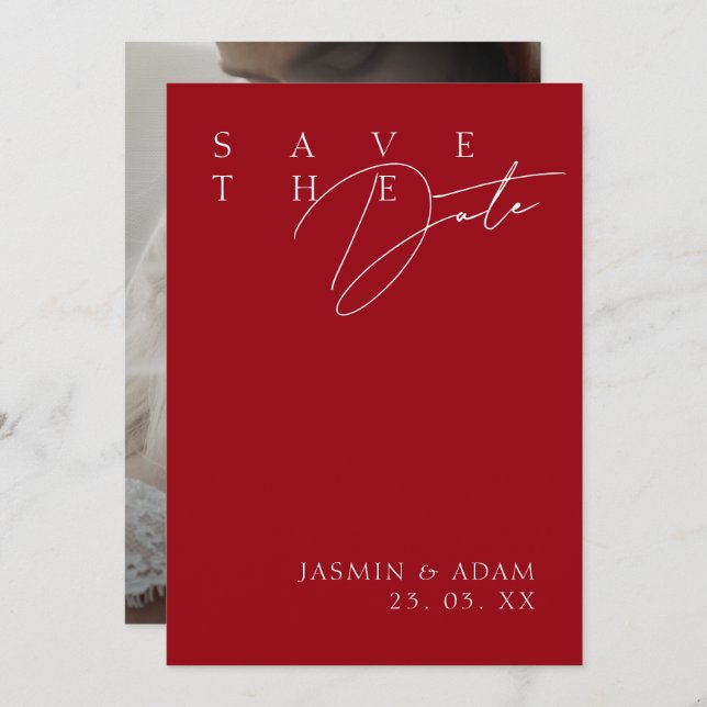 Save The Date Simple Crimson rouge blanc Mariage photo moderne (Devant / Derrière)
