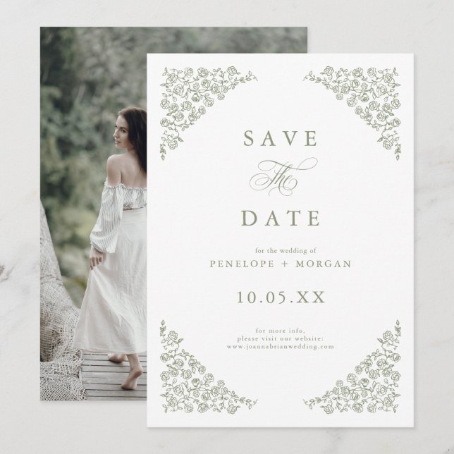 Save The Date Simple Delicate Floral Timeless Sage Green Photo (Devant / Derrière)