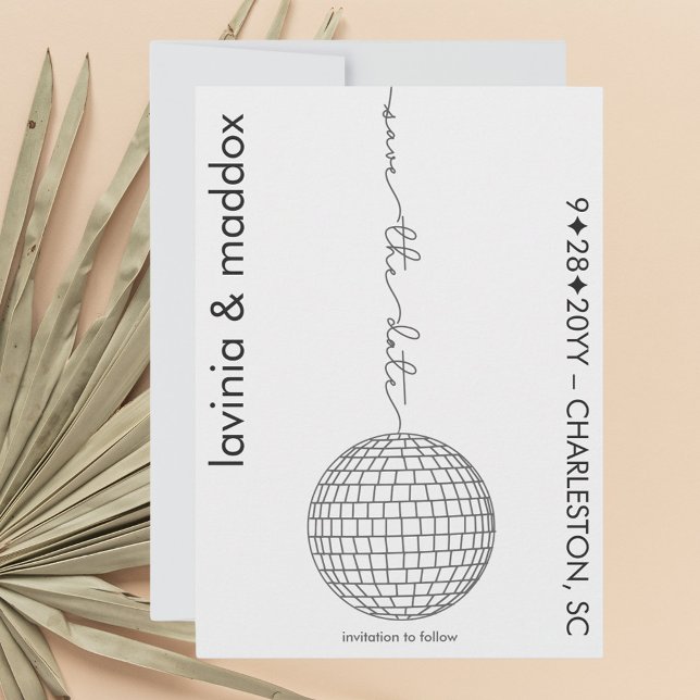 Save The Date Simple Disco Ball noir et blanc QR Code Mariage (Disco with a simple touch with a hand drawn feel in black and white)