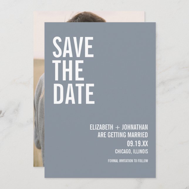 Save The Date Simple Dusty Blue Typographie Mariage Photo (Devant / Derrière)