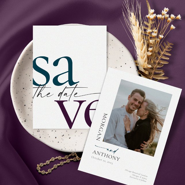 Save The Date Simple Eggplant Photo Turquoise Enregistrer La Dat (Créateur téléchargé)