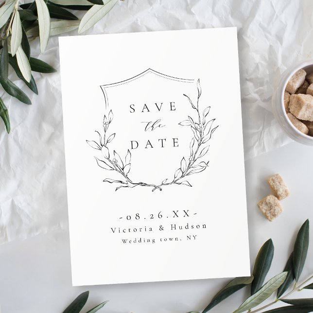 Save The Date Simple élégance blason botanique monogramme mariag (Simple elegance botanical crest monogram wedding Save The Date)
