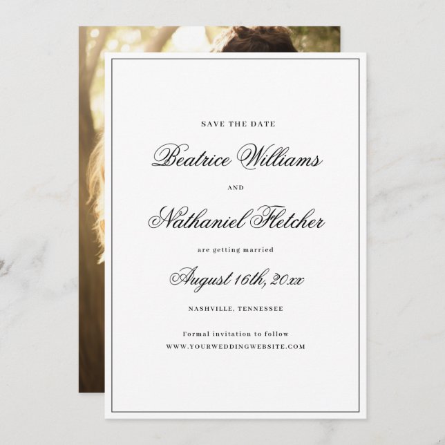 Save The Date Simple Elegant Classic noir & blanc Mariage photo (Devant / Derrière)