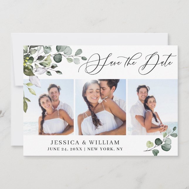 Save The Date Simple Elegant Eucalyptus 3 Photo Wedding (Devant)