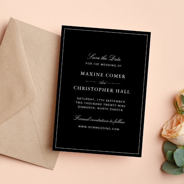 Save The Date Simple Élégant Formel Mariage Noir & Blanc (Simple black and white save the date announces your wedding with timeless elegance.)