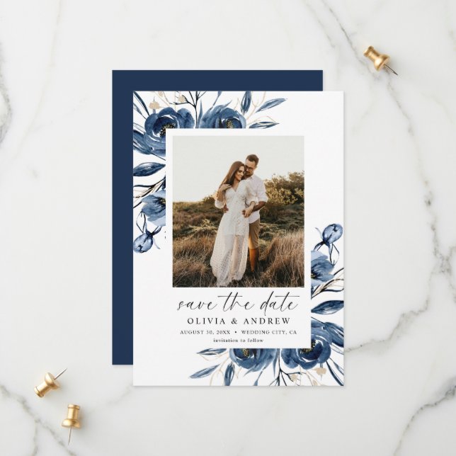 Save The Date Simple Élégant Mariage Fleur Bleu Script & Photo (Devant/Arrière en situation)