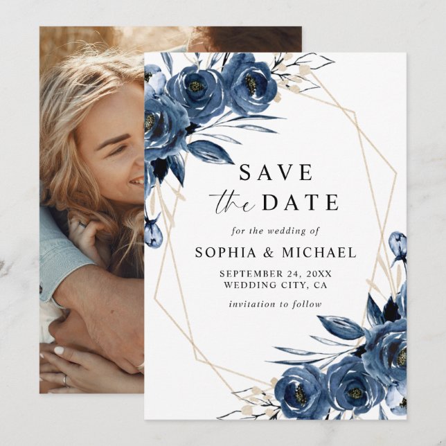 Save The Date Simple Élégant Mariage Fleurs Bleues Calligraphie  (Devant / Derrière)