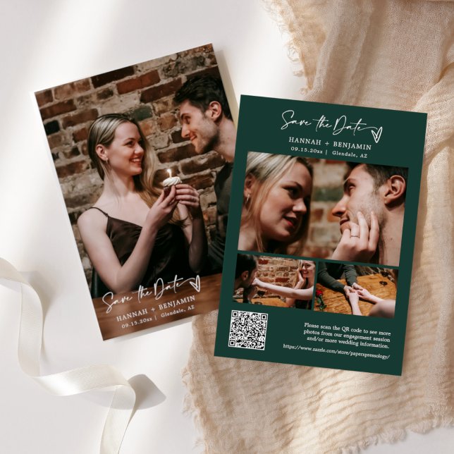 Save The Date Simple Elégant moderne Emerald vert QR Code photo (Créateur téléchargé)