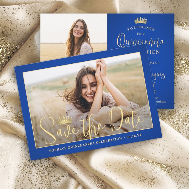 Save The Date Simple Elegant Quinceañera 2 Photo Royal Blue Gold (Créateur téléchargé)