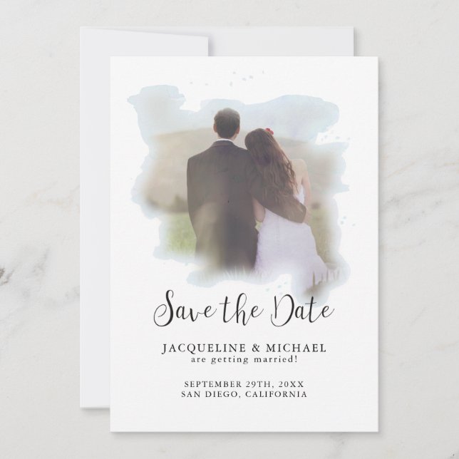 Save The Date Simple Elégant Script Moderne Aquarelle Photo Bleu (Devant)