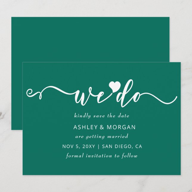 Save The Date Simple Élégant Script Turquoise Coeur Vert Nous fa (Devant / Derrière)