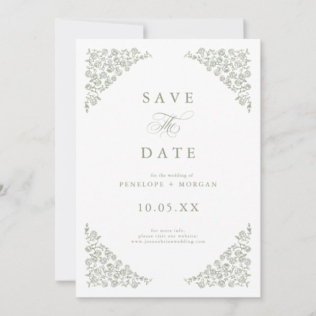 Save The Date Simple et délicat floral intemporel mariage vert s (Devant)