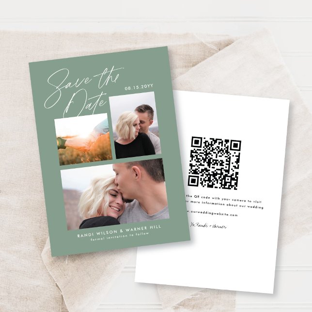 Save The Date Simple et élégant, trois photos vertes manuscrites (Créateur téléchargé)