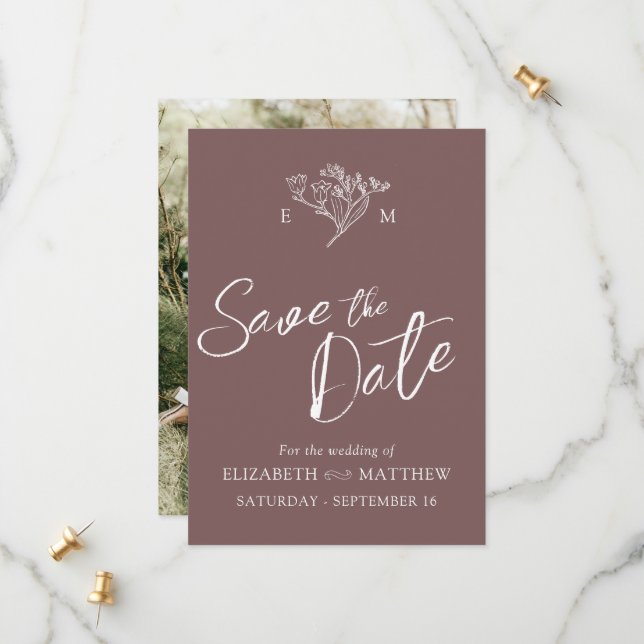 Save The Date Simple fleur sauvage brun blanc photo (Devant/Arrière en situation)