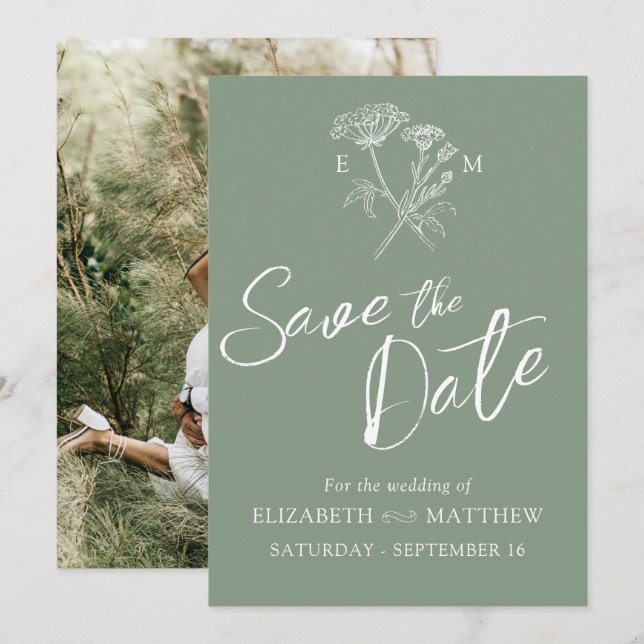 Save The Date Simple fleur sauvage vert blanc photo (Devant / Derrière)