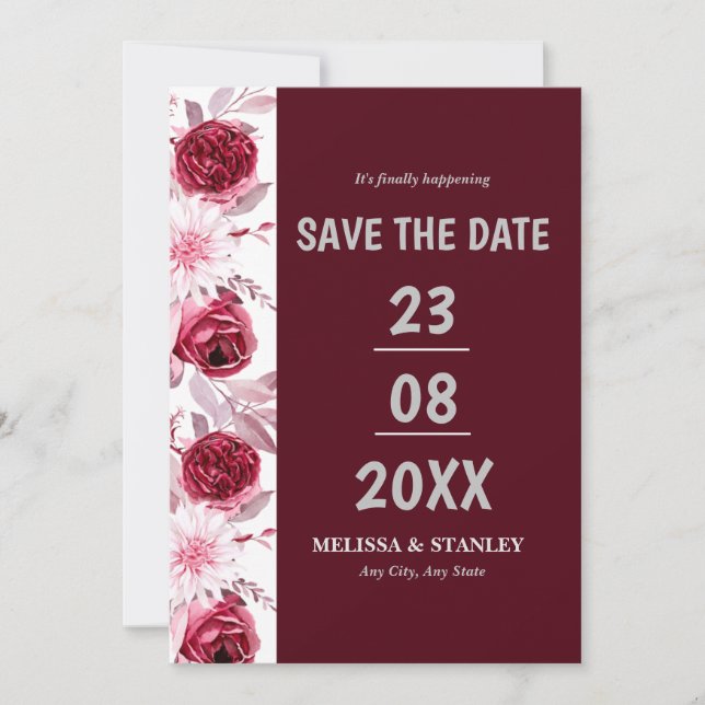 Save The Date Simple floral rose bordeaux Script Enregistrer la  (Devant)