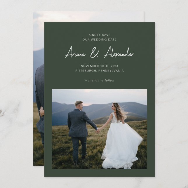 Save The Date Simple Forest Green Script Mariage photo (Devant / Derrière)