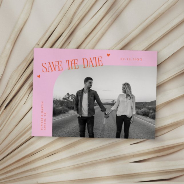 Save The Date Simple Heart Orange Pink Curved Frame Photo (Créateur téléchargé)