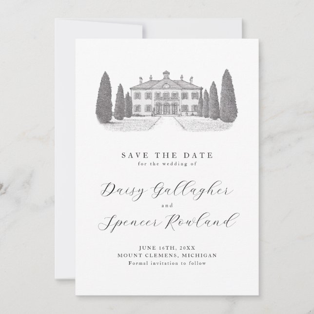 Save The Date Simple Illustration de Lieu Élégant Mariage  (Devant)