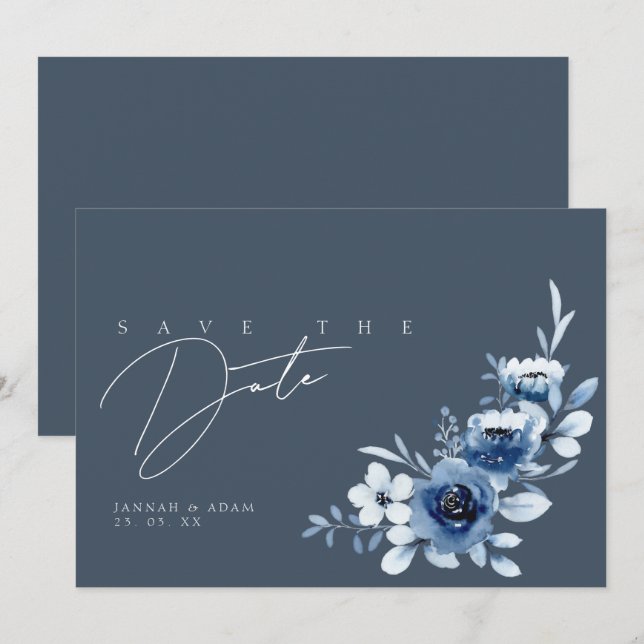 Save The Date Simple Mariage aux Roses Bleu Ardoise (Devant / Derrière)