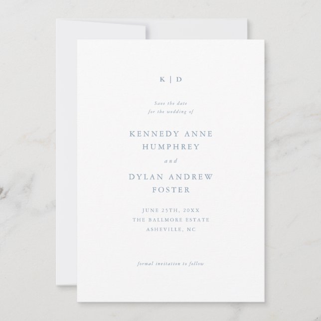 Save The Date Simple Mariage Élégant Bleu Poussiéreux (Devant)