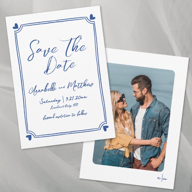 Save The Date Simple Mariage Fantaisiste Photo Dessinée à la Mai (Simple Hand Drawn Photo Blue Whimsical Wedding Save the Date)