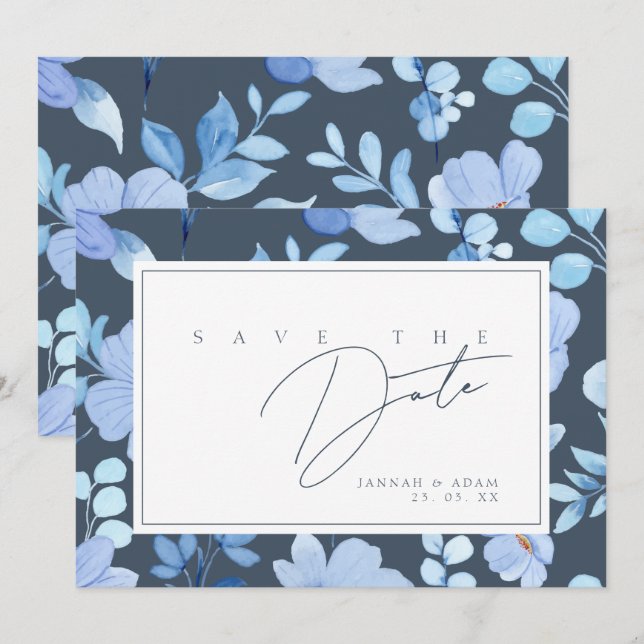 Save The Date Simple Mariage Fleur Sauvage Bleue (Devant / Derrière)