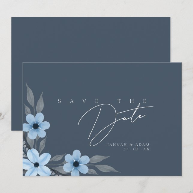 Save The Date Simple Mariage Floral Bleu Ardoise (Devant / Derrière)