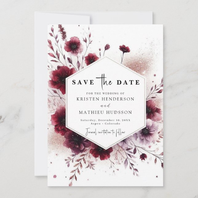 Save The Date Simple Mariage Floral Bourgogne (Devant)