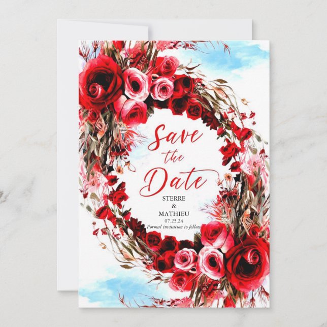 Save The Date Simple Mariage Floral Crimson Red Roses (Devant)