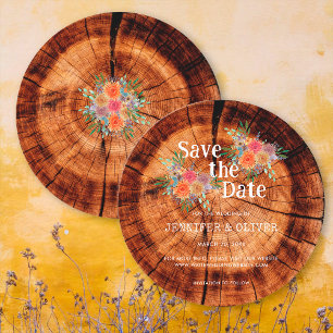 Save The Date Simple Mariage Floral Rustique Écorce d'Arbre en B