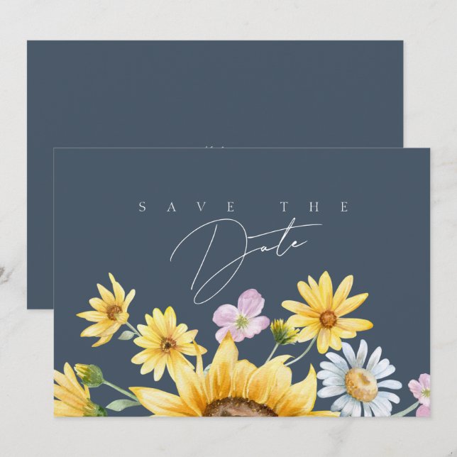 Save The Date Simple Mariage Floral Tournesol Bleu Ardoise (Devant / Derrière)