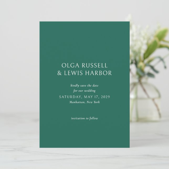 Save The Date Simple Mariage Moderne Vert Emeraude (Debout devant)
