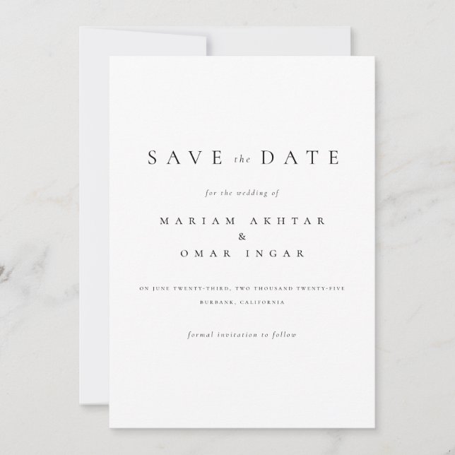 Save The Date Simple Mariage Noir et Blanc Écriture Classique (Devant)