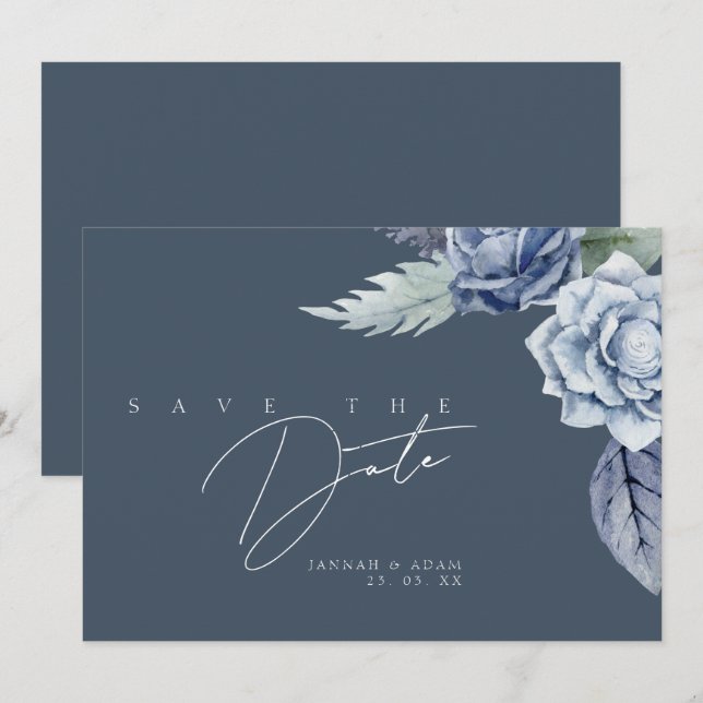 Save The Date Simple Mariage Rose Bleu Ardoise (Devant / Derrière)