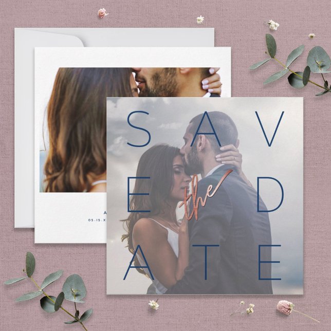 Save The Date Simple Marine Blanc 2 Rose photo Carré or Mariage (Créateur téléchargé)