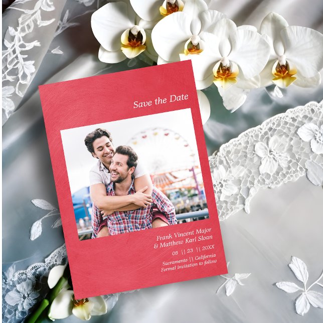 Save The Date Simple Metallic Effect Engaged Gay Couple Photo (Simple Wedding Announcement Custom Photo with a Metallic Effect  Save the Date Card.)