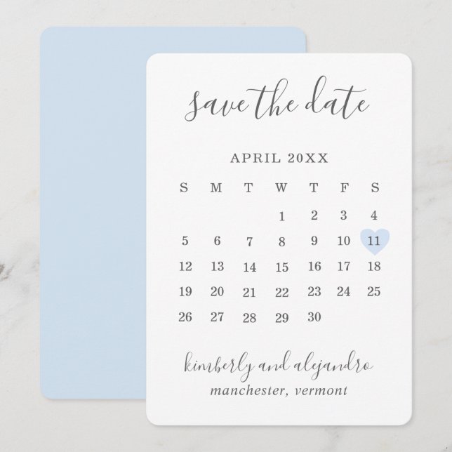 Save The Date Simple mignon bleu Mariage Calender Coeur (Devant / Derrière)