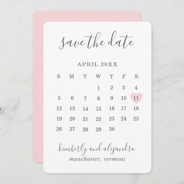 Save The Date Simple mignon Mariage de Calender Coeur Rose (Devant / Derrière)